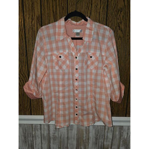 Women's Christopher & Banks Plaid Button Down Shirt L Orange White